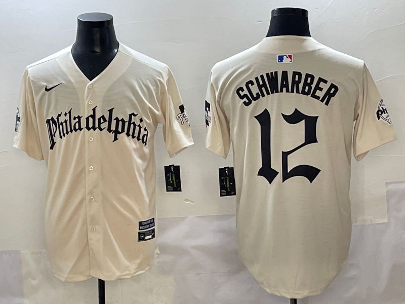 Men 2025 Philadelphia Phillies 12 Schwarber Cream Five generations Joint Name Nike MLB Jersey style 1